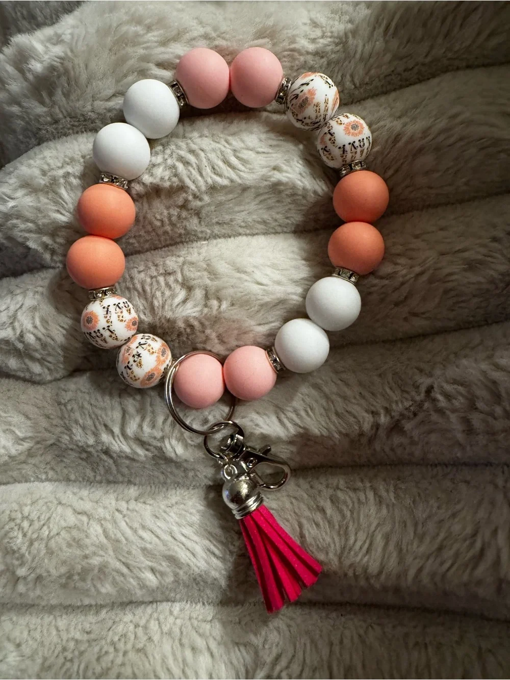 Beaded Bracelet Keyring with Pink Tassel